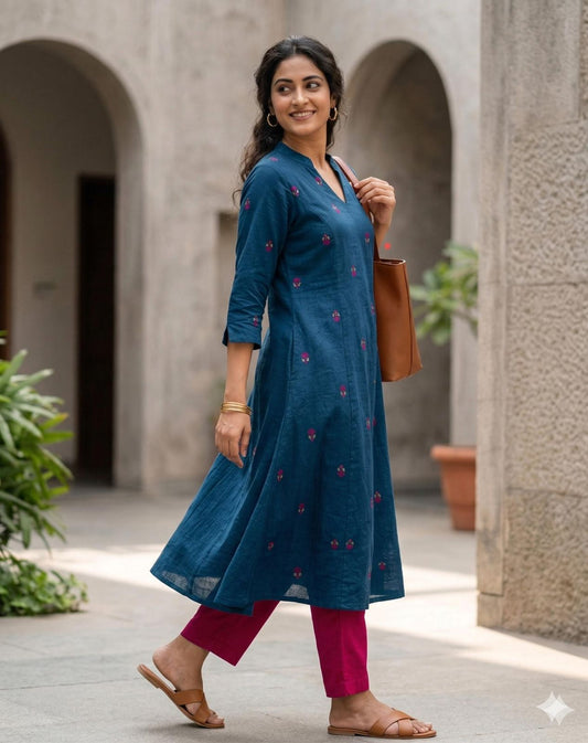 Deep Blue Cotton Flare Kurta Pant
