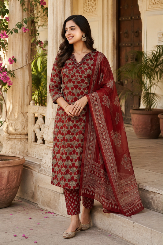 Maroon Ajrakh Printed Cotton Salwar