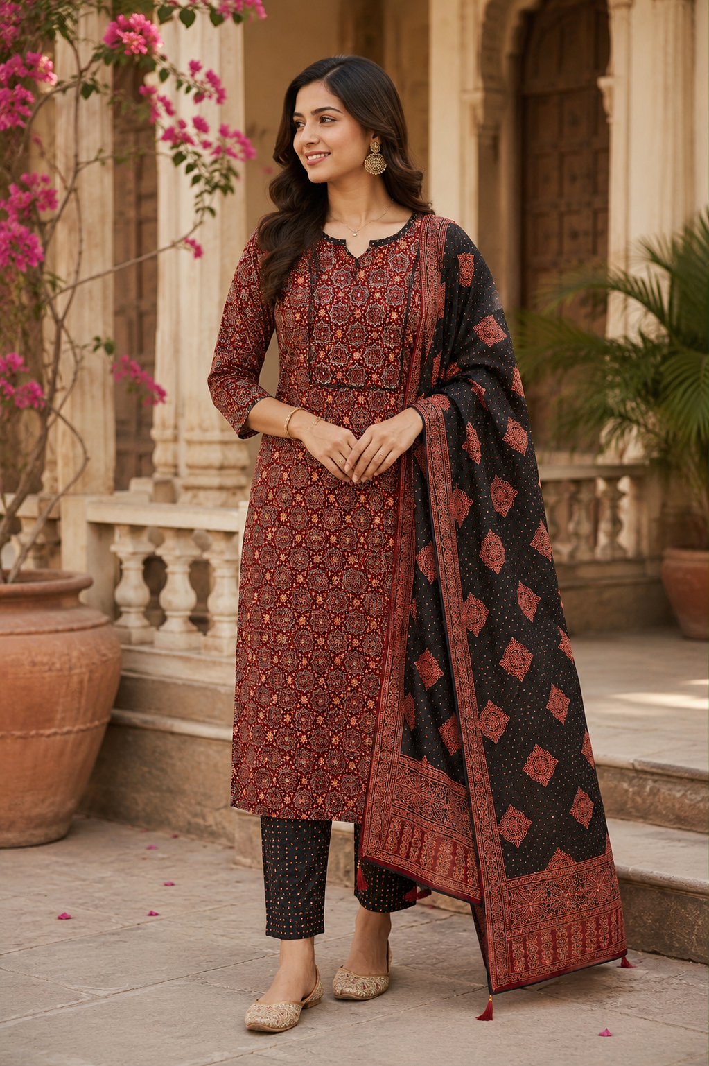 Maroon & Black Ajrakh Cotton Salwar