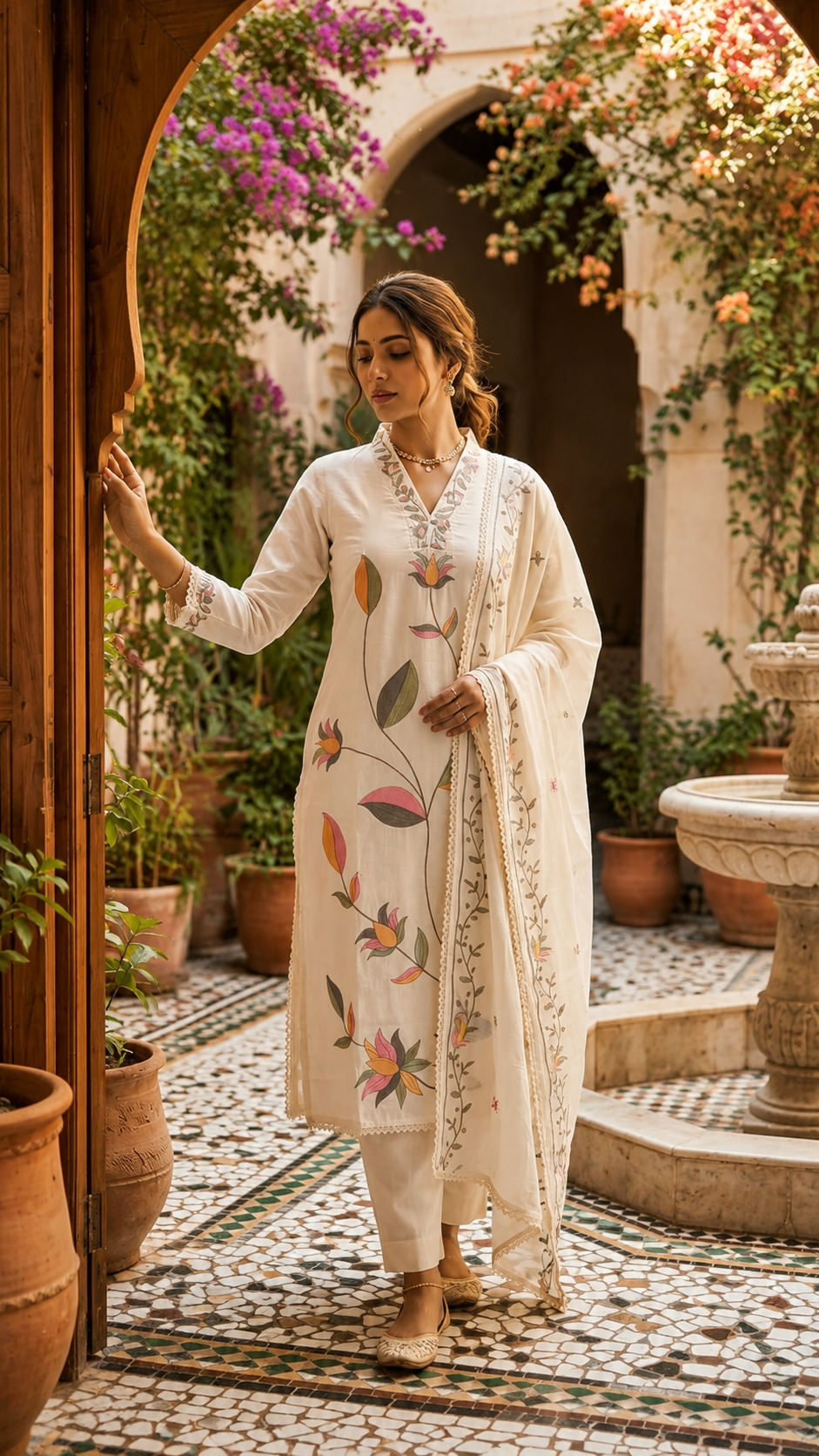 Ivory Floral Embroidered Cotton Lining Salwar