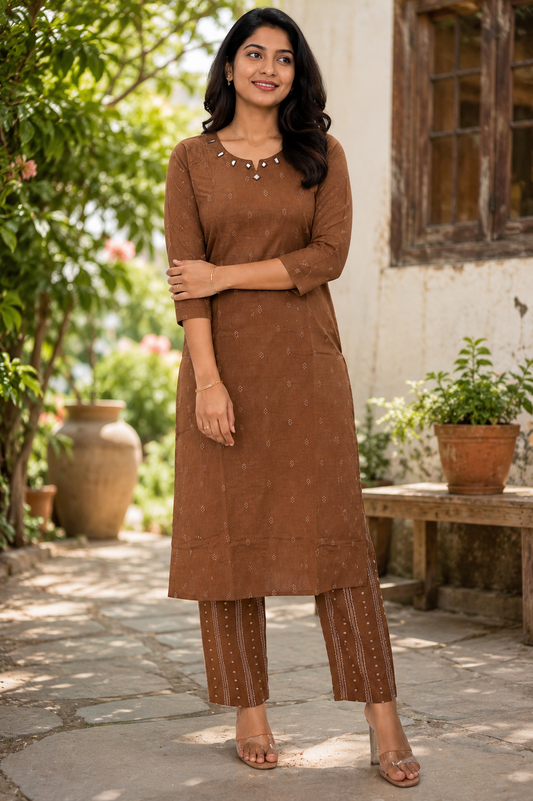 Cocoa Brown Handloom Kurta Pant Plus Size