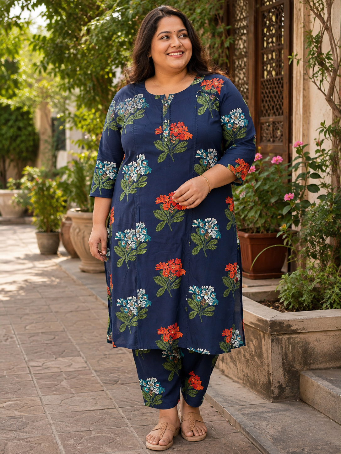 Navy Blue Floral Cotton Plus Size Kurta Pant