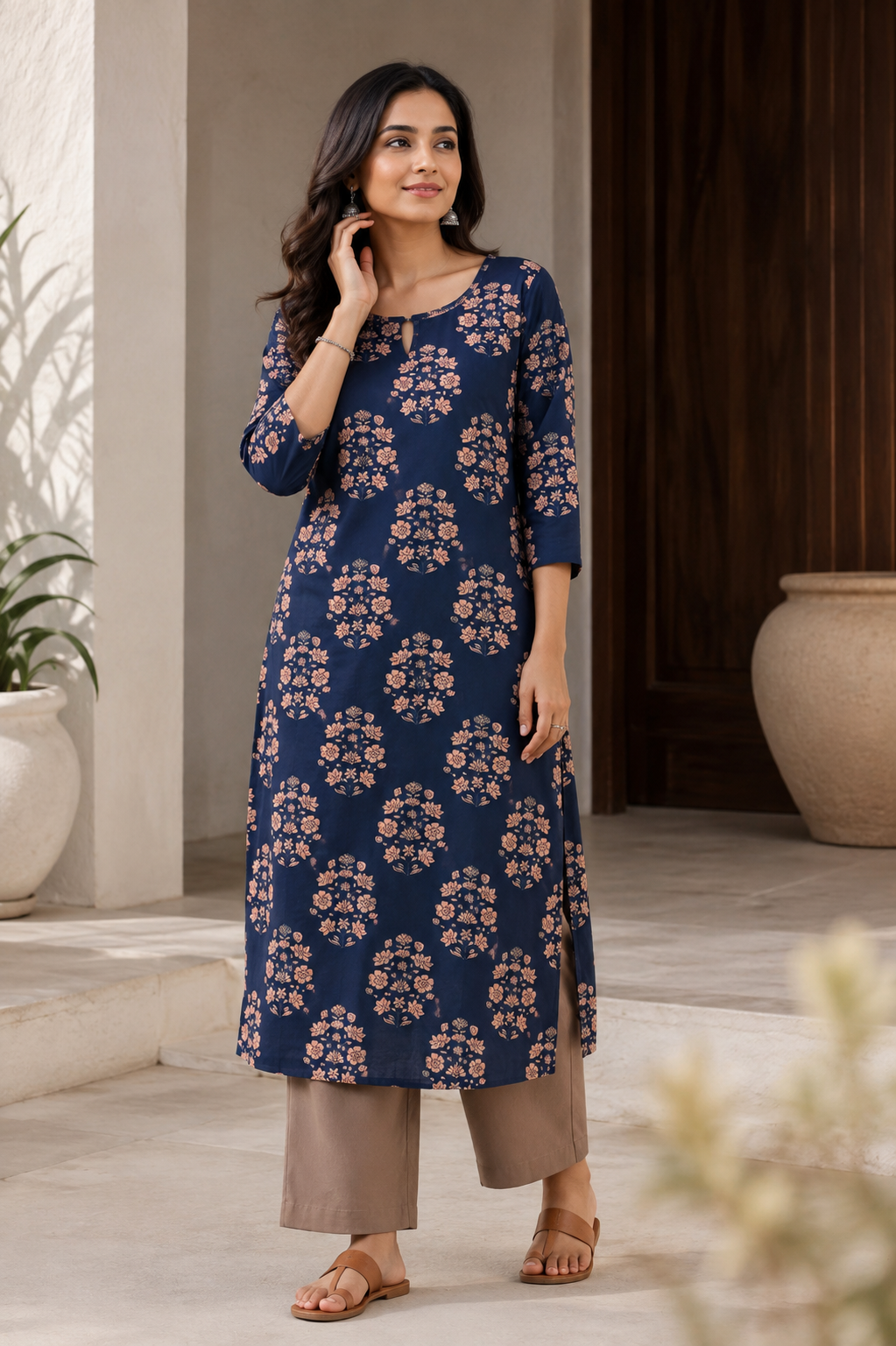 Navy Blue Floral Straight Kurta