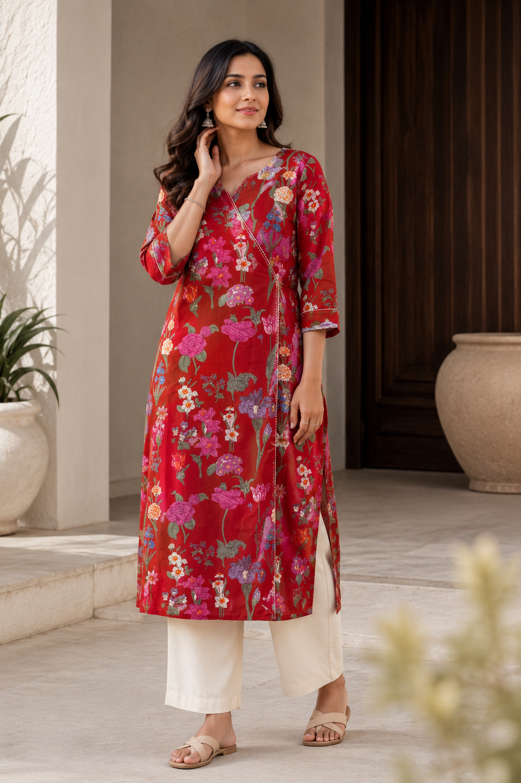 Red Floral Printed Cotton Kurta