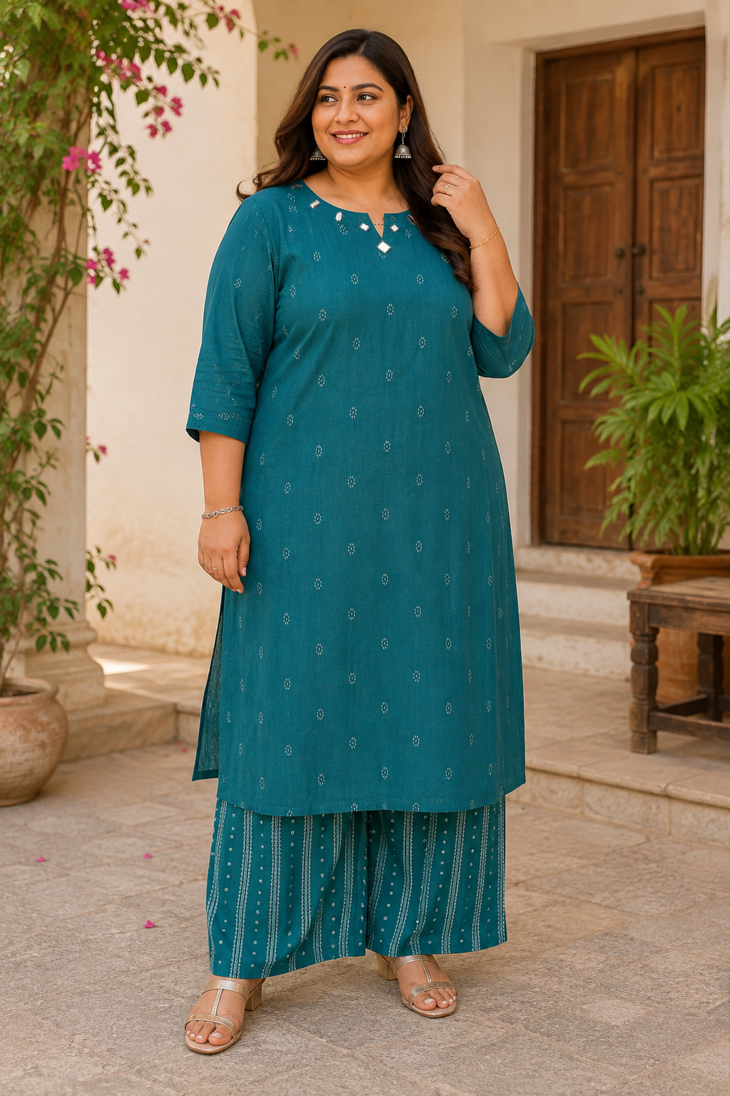 Teal Grace Handloom Cotton Plus Size Kurta Pant