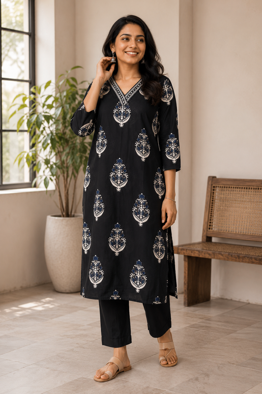 Midnight Bloom Cotton Kurta Pant Set
