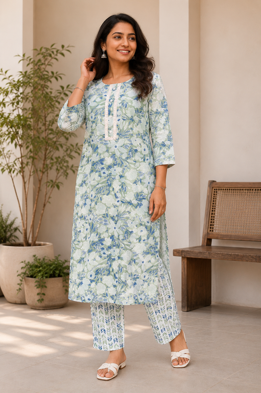 Sage Blossom Cotton Kurta Pant Set