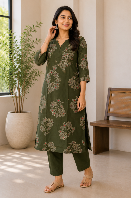 Olive Blossom Lining Kurta Pant