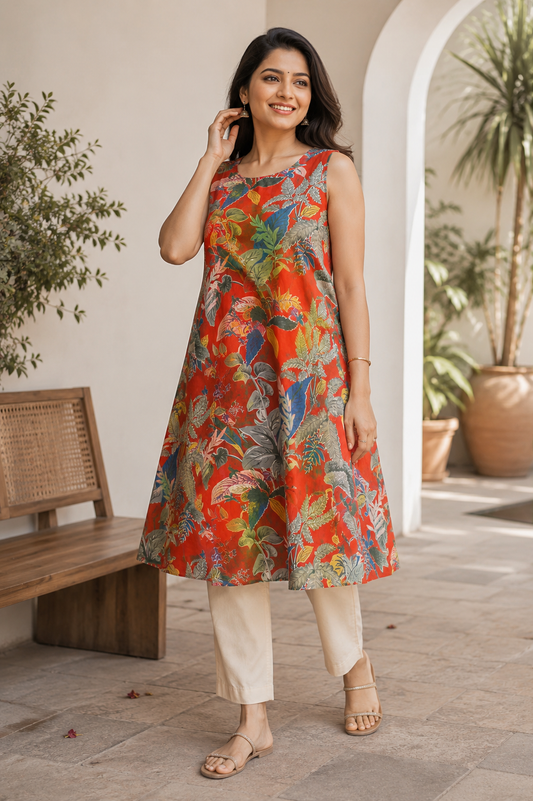 Tropical Bloom A-Line Cotton Kurta