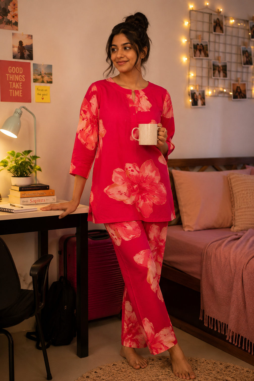 Rosy Bloom Cotton Night Lounge Set
