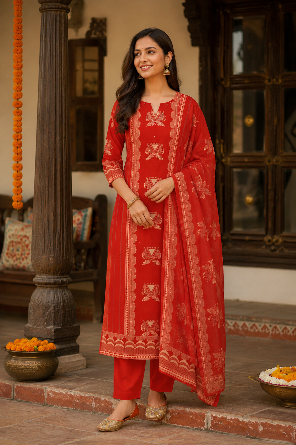 Rust Red Floral Mul Cotton Salwar