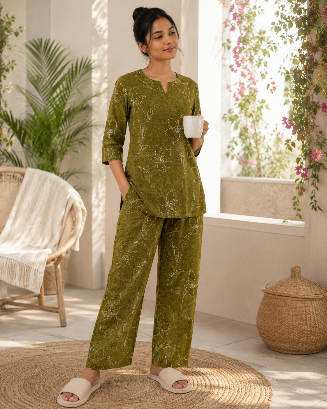 Olive Meadow Cotton Night Suit
