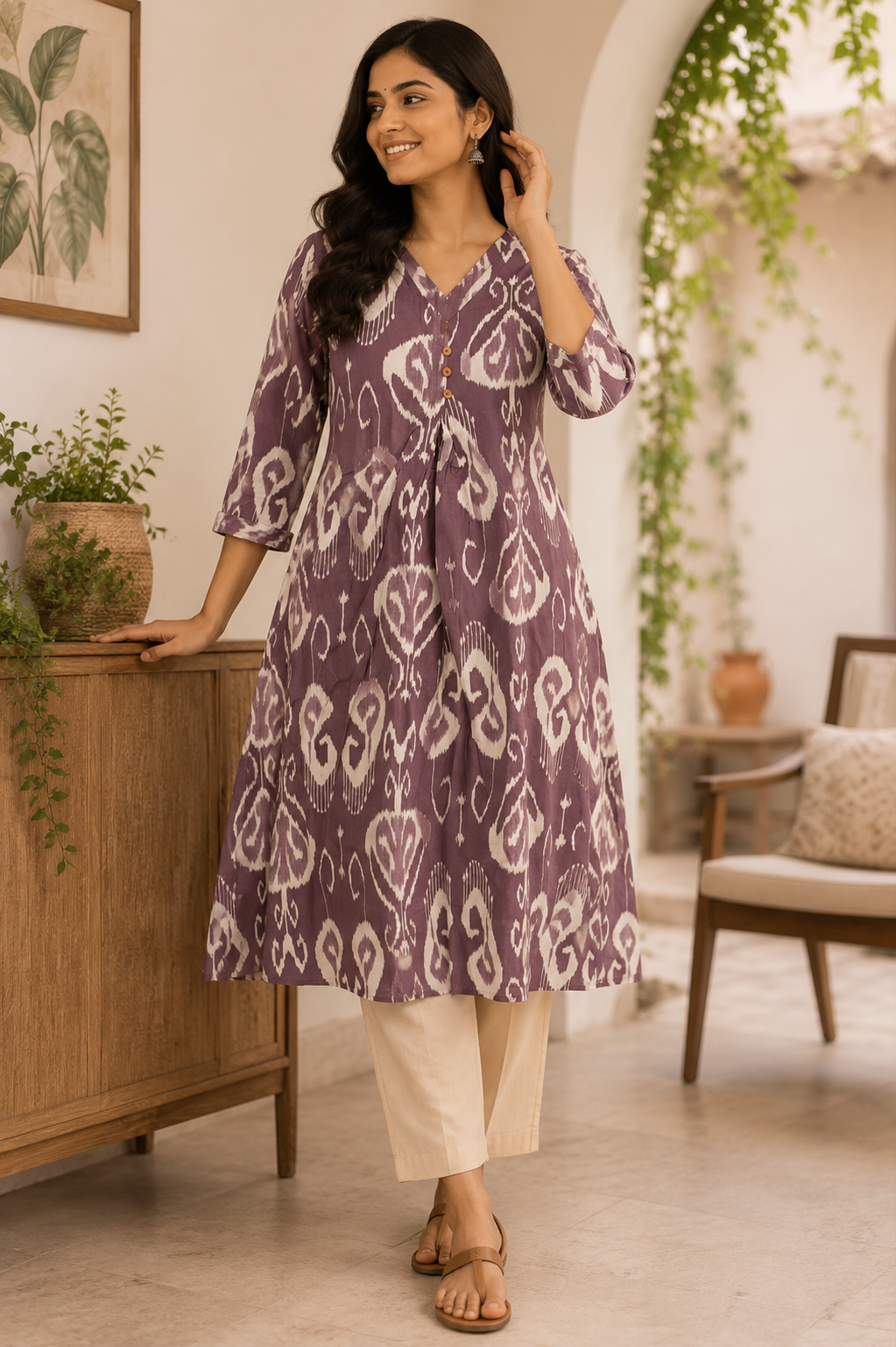 Mauve Ikat Cotton Flared Kurta