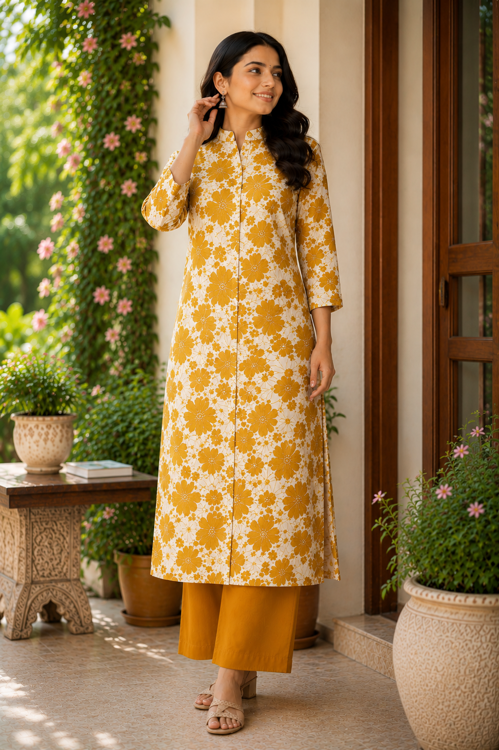 Golden Blossom Cotton Printed Kurta