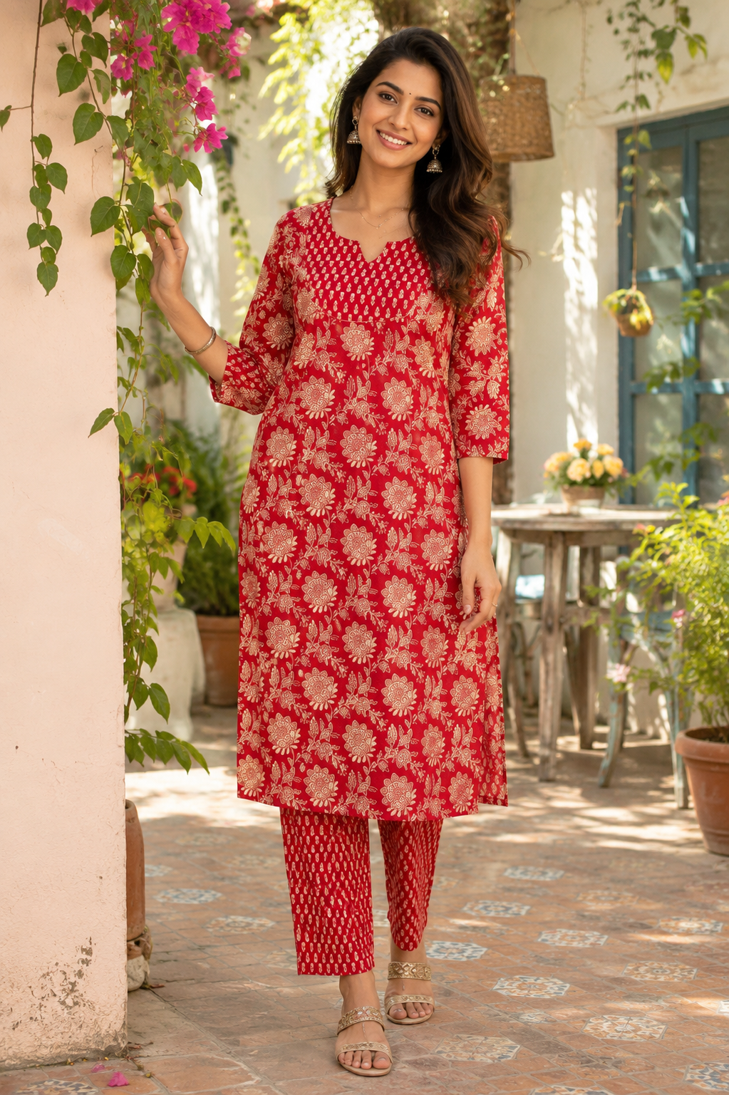 Crimson Bloom Lining Kurta Pant Set