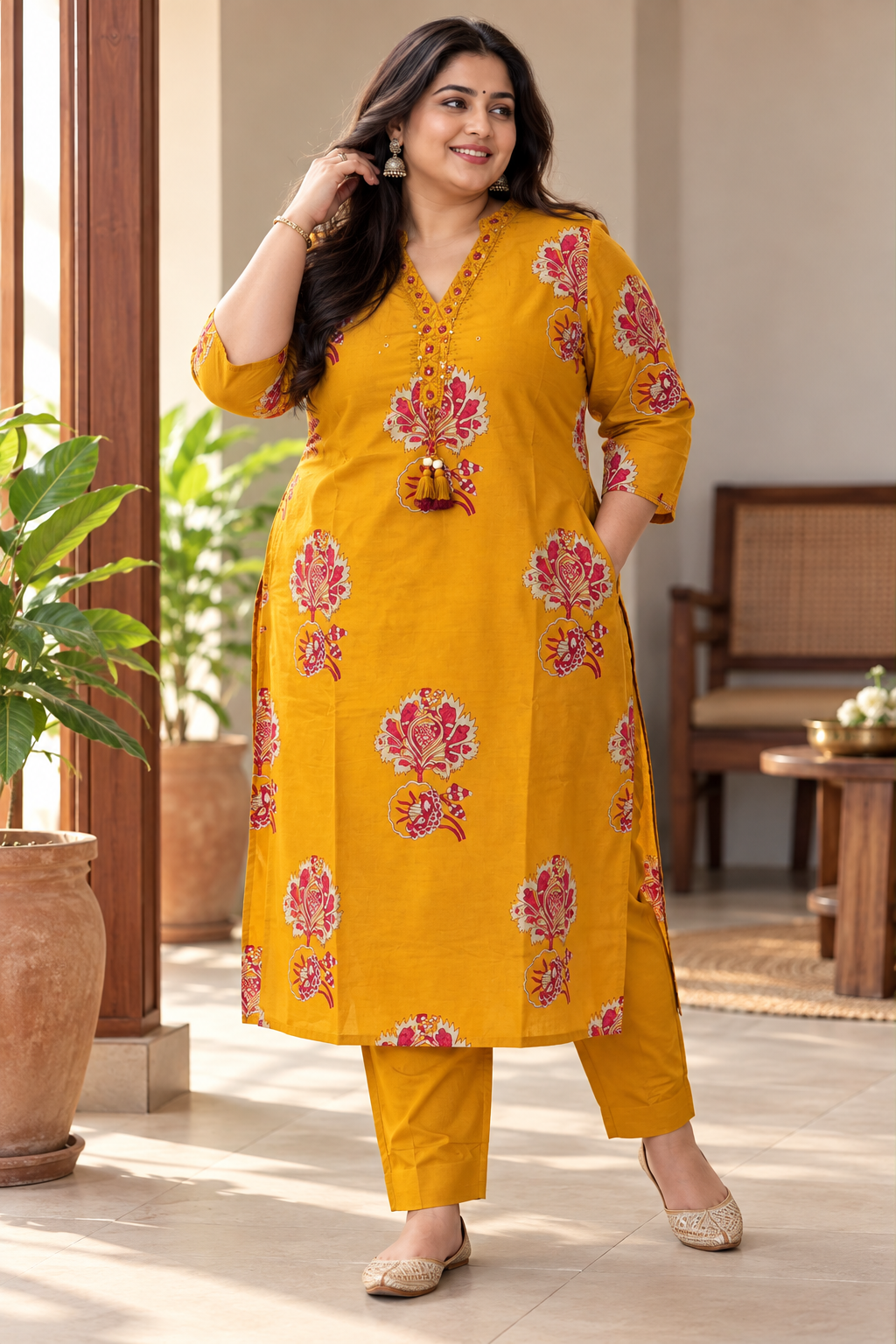 Mustard Yellow Printed Plus Size Set