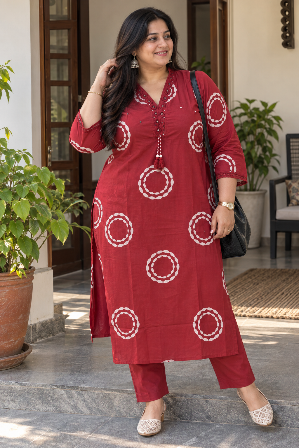 Rose Red Geometric Print Plus Size Kurta Set