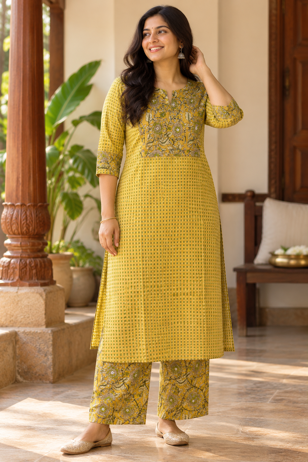 Mustard Bloom A-Line Printed Kurta Pant Set