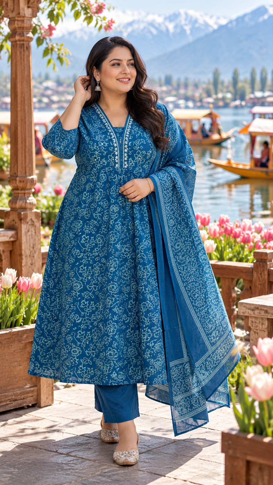 Royal Blue Floral Print Kurta Pant Set with Matching Printed Dupatta