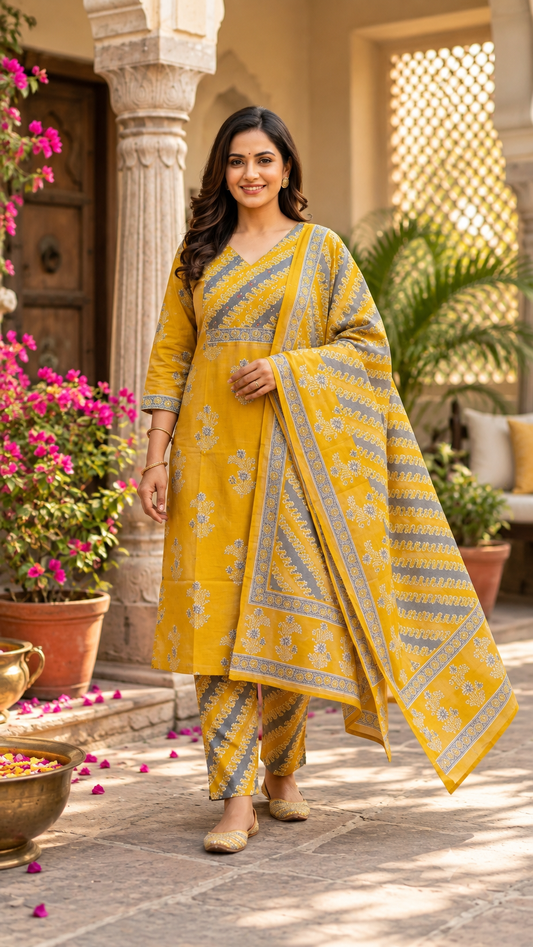 Mustard Yellow Grey Cotton Salwar