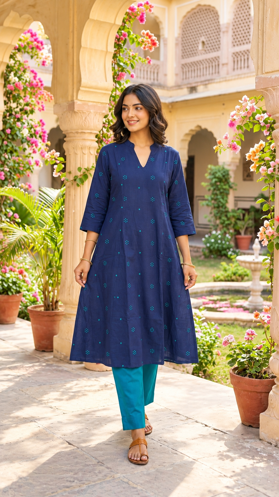 Navy Blue Cotton A-Line Kurta Pant