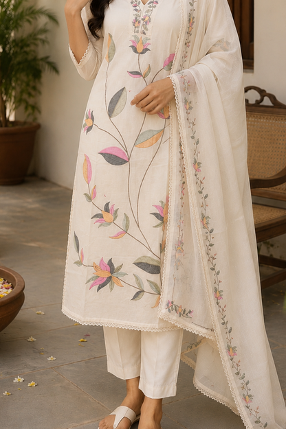 Ivory Floral Embroidered Cotton Lining Salwar