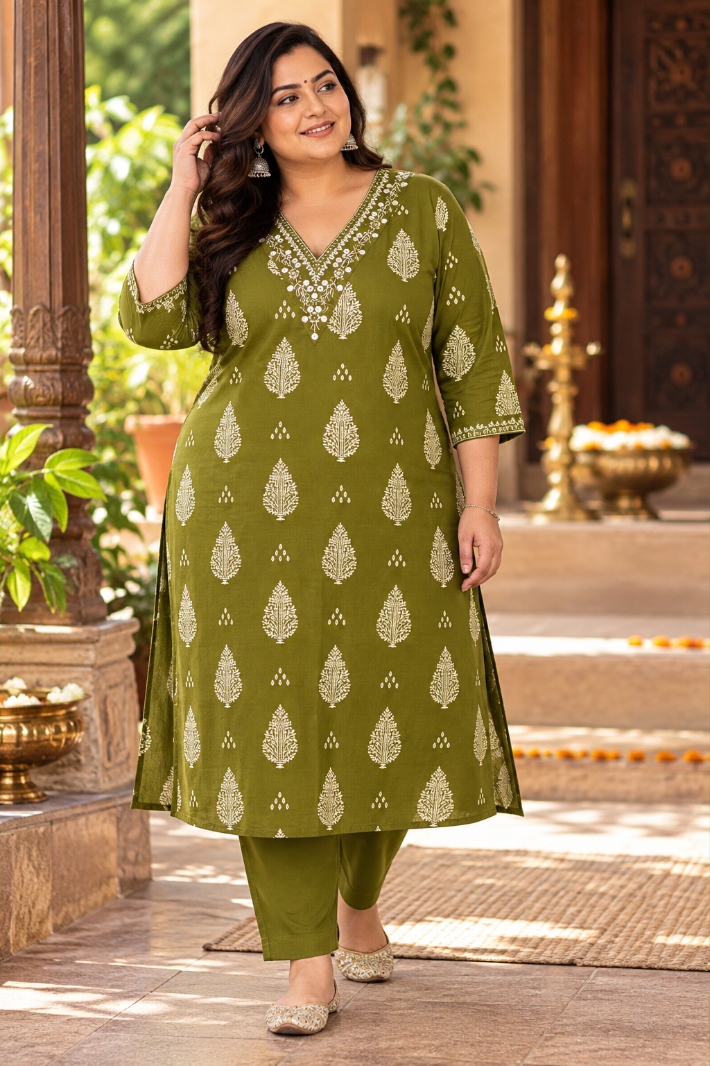 Olive Leaf – Printed Cotton Kurta Pant