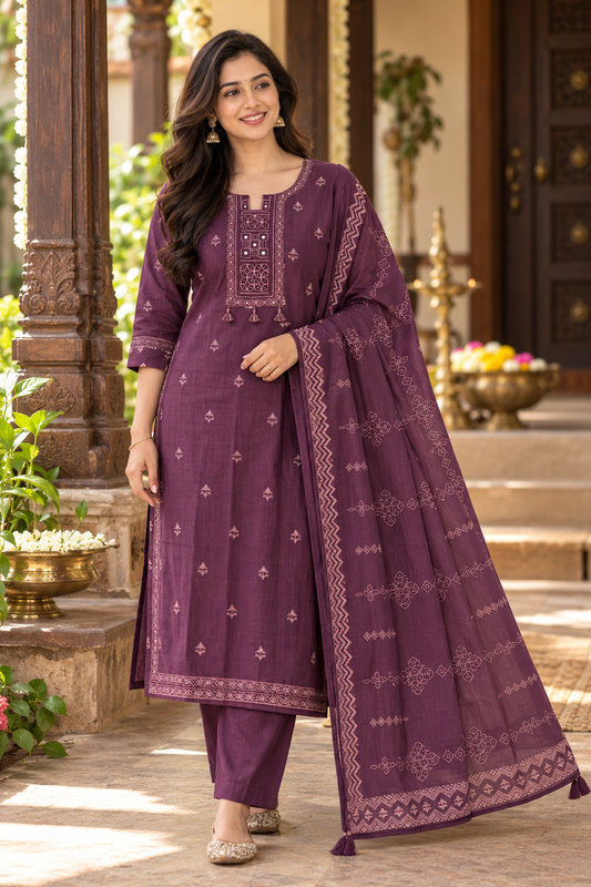 Elegant Plum Cotton Embroidered Salwar