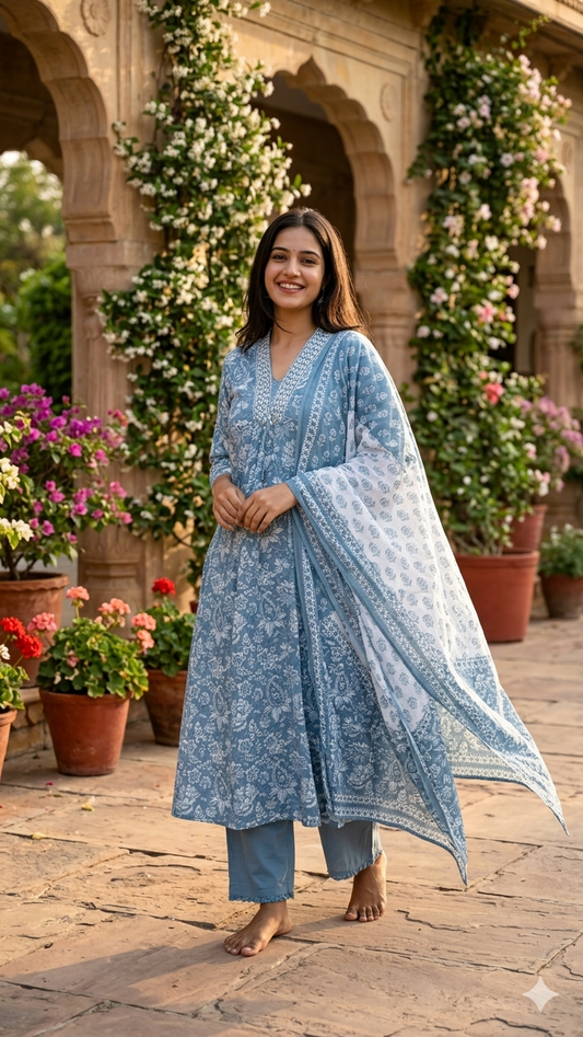 Azure Bloom Cotton Anarkali salwar