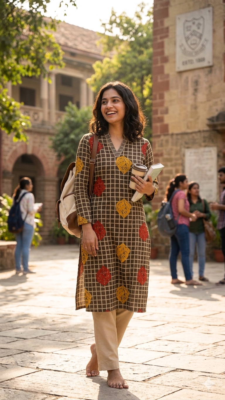 Autumn Grid Leaf Cotton Kurta