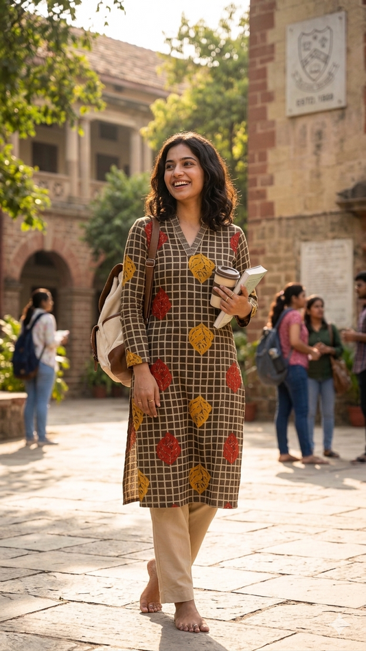 Autumn Grid Leaf Cotton Kurta