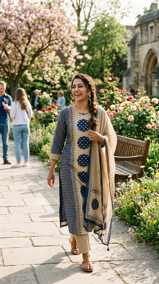 Beige Indigo Geometric Salwar