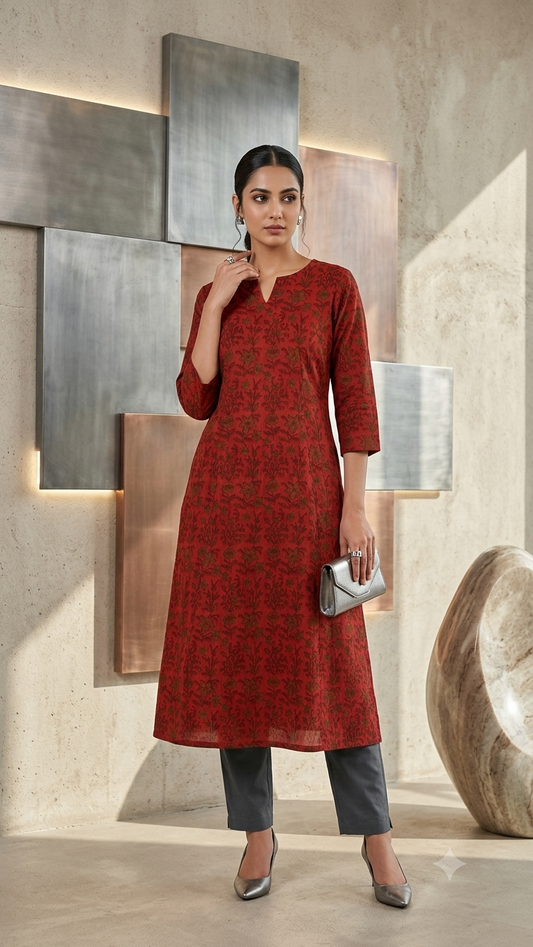 Rustic Brick Red Cotton A-Line Kurta