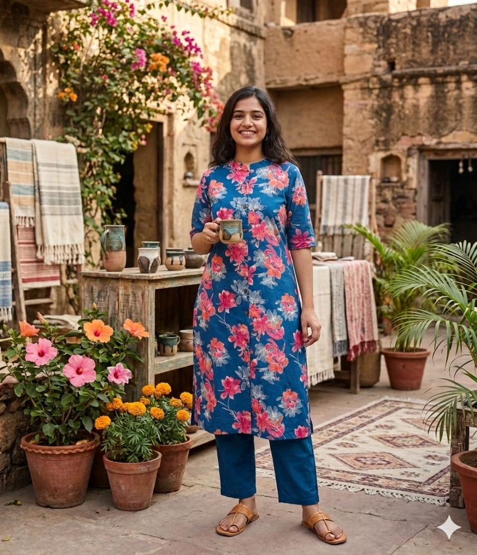 Midnight Blossom Cotton A-Line Kurta Set