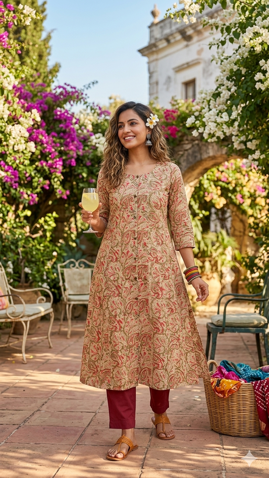 Beige Paisley Kalamkari Aline Kurta