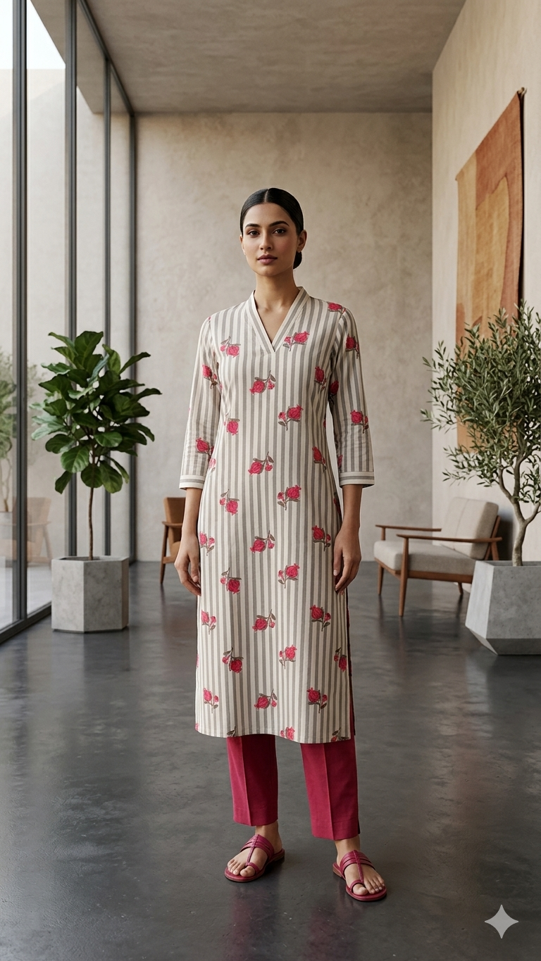 Rose Stripe Cotton Straight Kurta