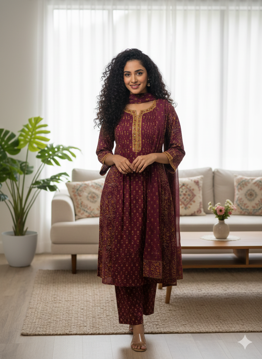 Regal Maroon Printed Cotton Salwar