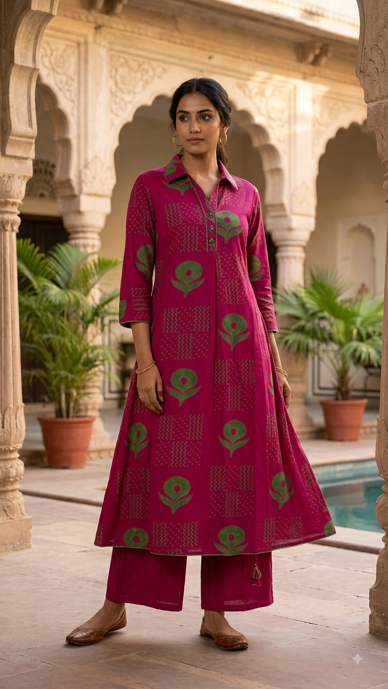 Magenta Green Abstract A-Line Kurta Pant Set