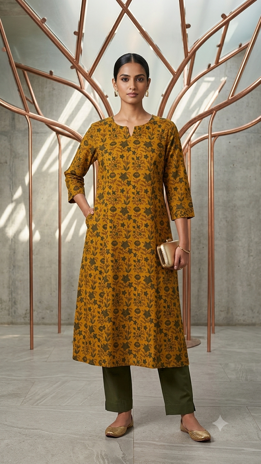 Mustard Meadow Pure Cotton A-Line Kurta