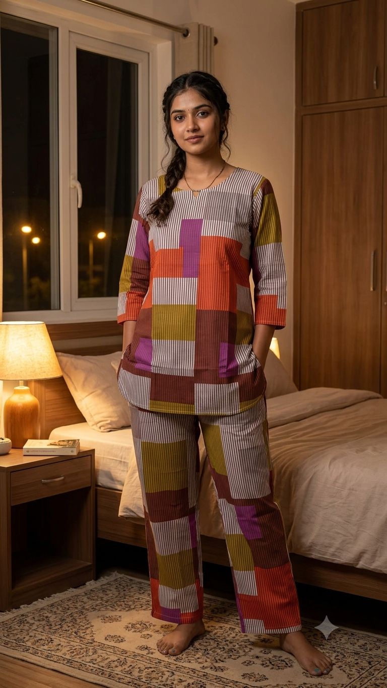 Multicolour Geometric Cotton Night Co-ords