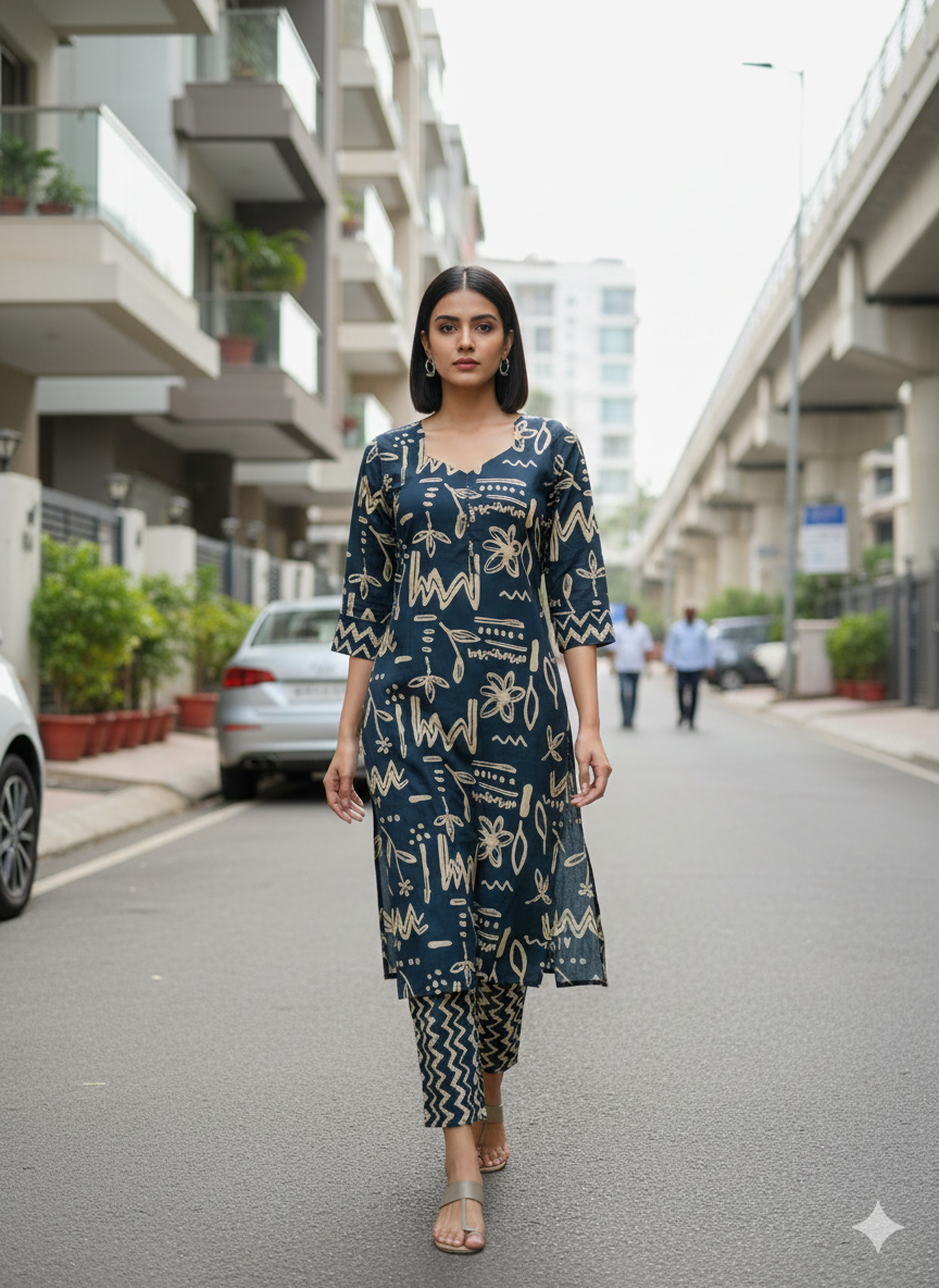 Navy Scribble Abstract Kurta Pant