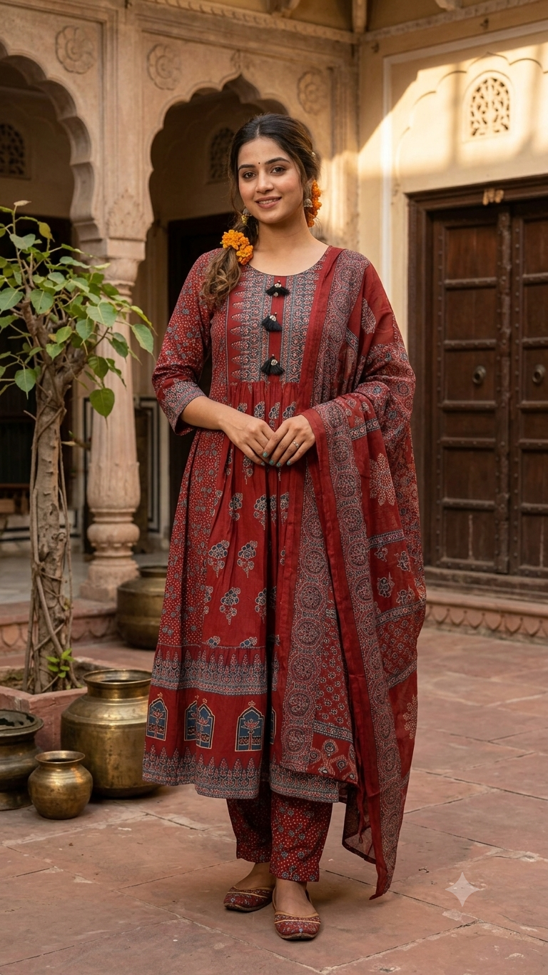 Red Heritage Print Cotton Anarkali Salwar