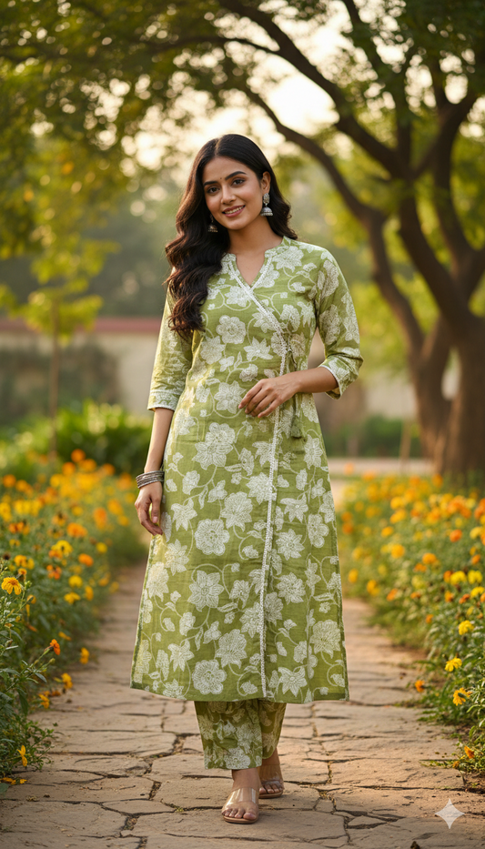 Olive Bloom Angrakha Cotton Co-Ord