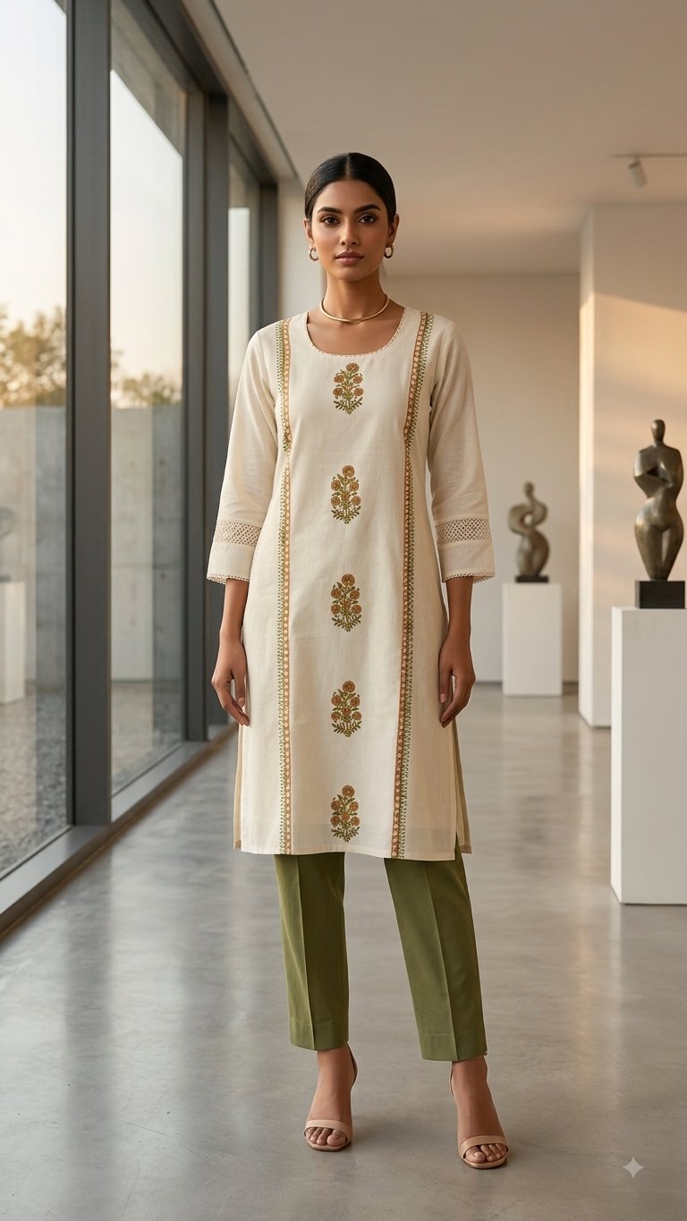 Ivory Floral Handblock Printed Lining Kurta