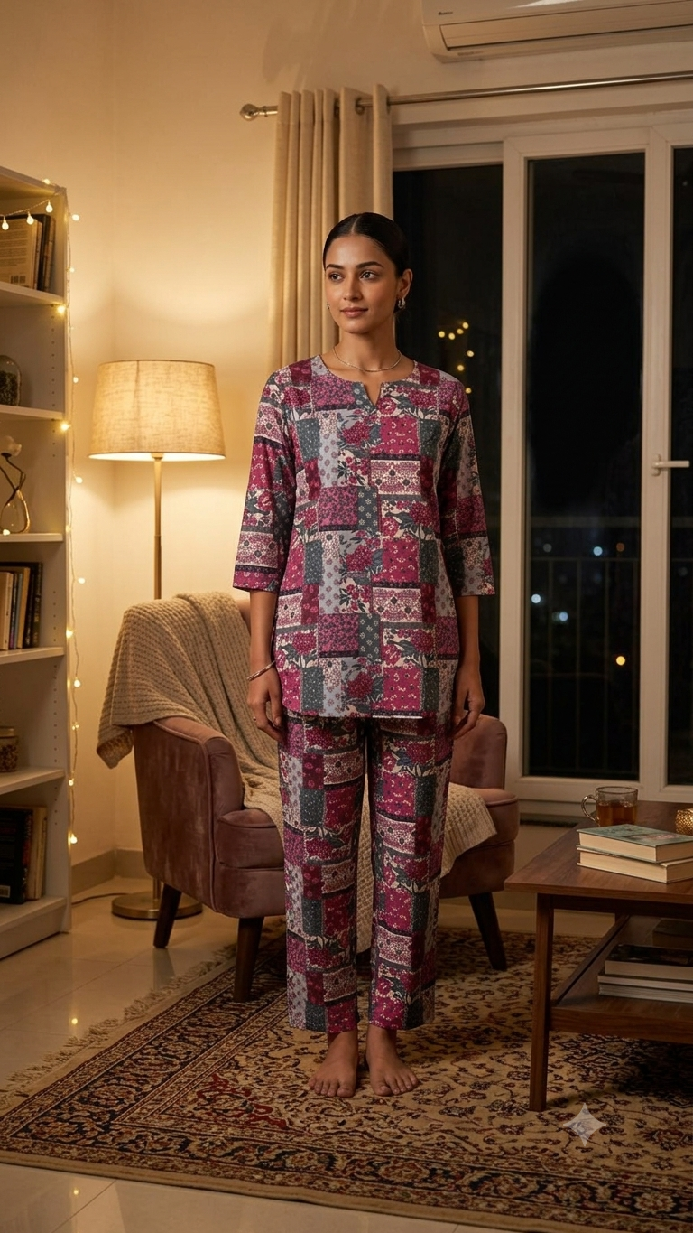 Berry Floral Printed Cotton Night Suit