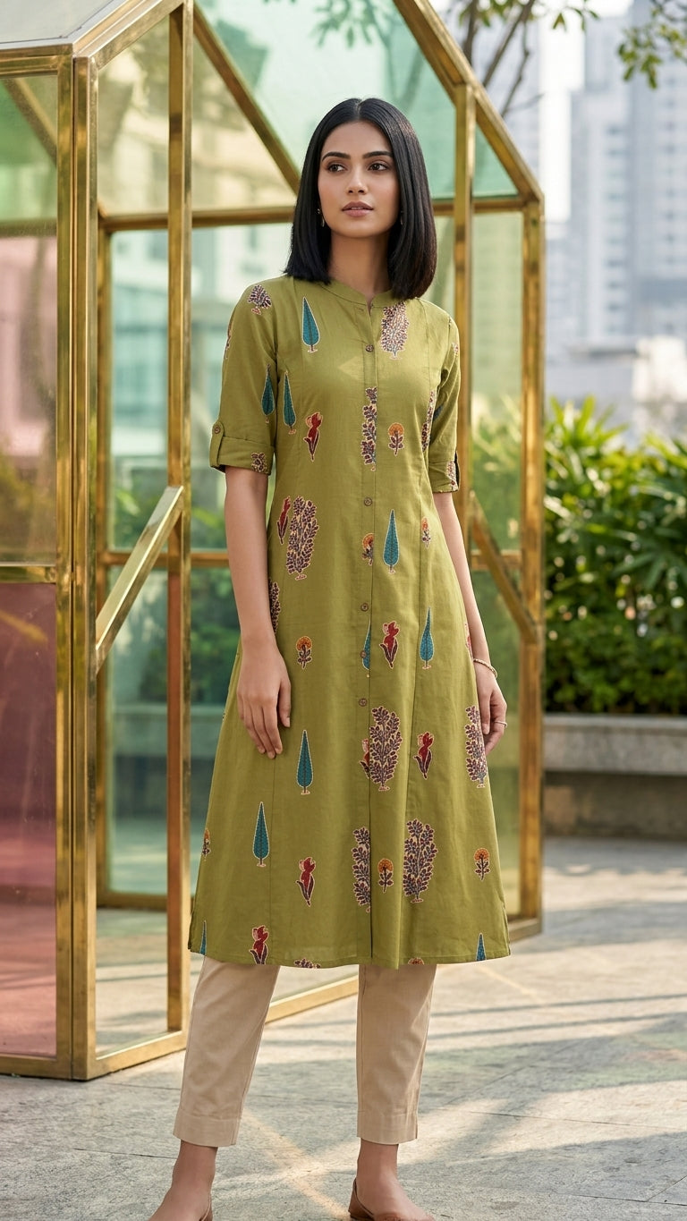 Olive Green Printed A-Line Kurta