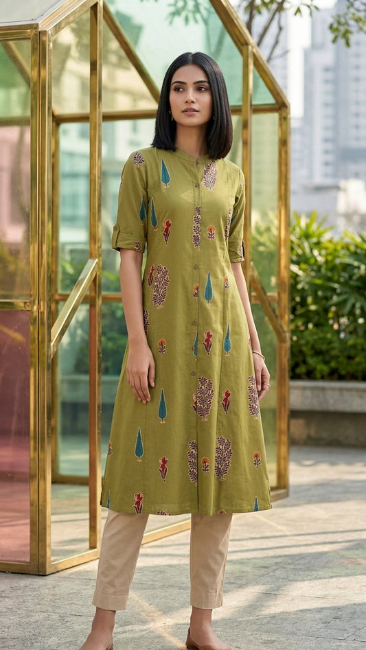 Olive Green Printed A-Line Kurta