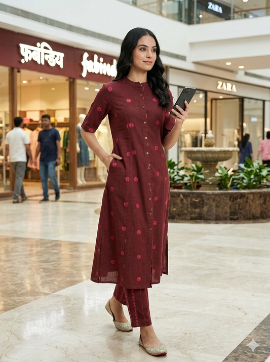 Coffee Charm Handloom Cotton A-Line Kurta Set