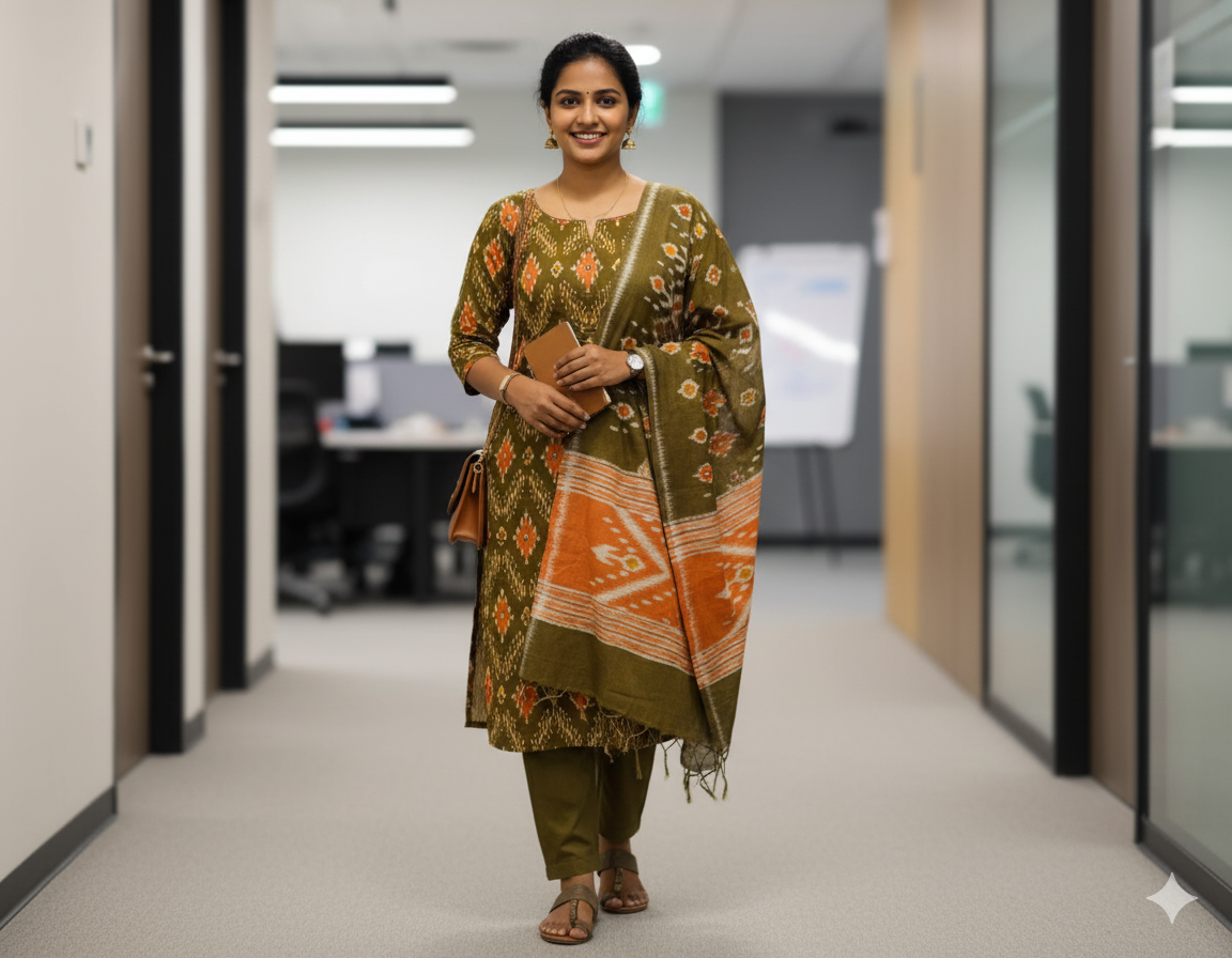 Orange & Olive Green Cotton Salwar