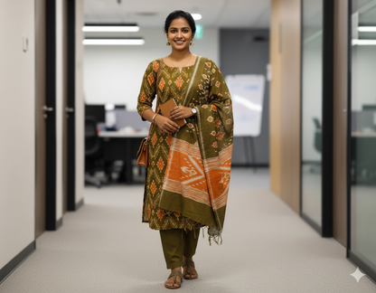 Orange & Olive Green Cotton Salwar